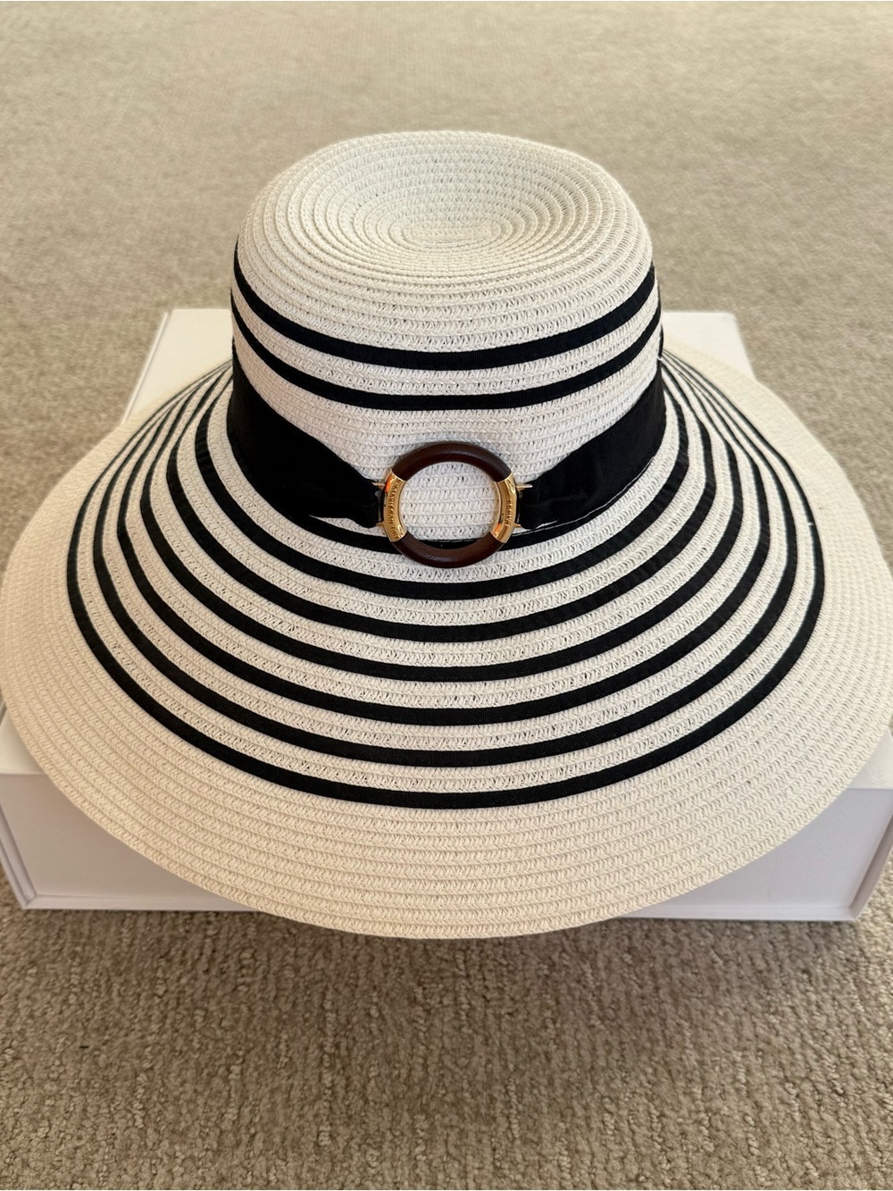 Ralph Lauren White Straw Sun Hat with Black Stripes and Ring Accent